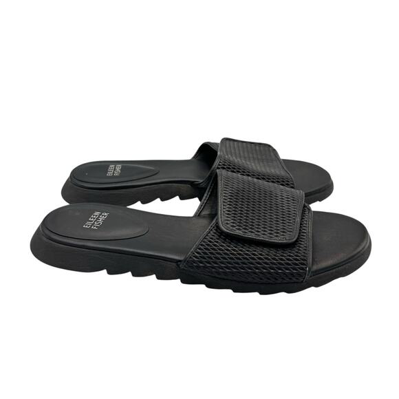 Eileen Fisher Black Textured Adjustable Hook & Loop Open Toe Flat Slide Sandals - Picture 6 of 10